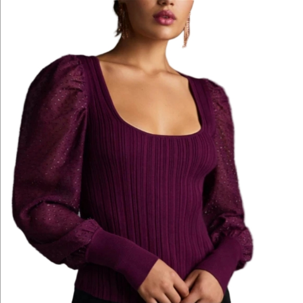 Anthropologie Magenta Ribbed Knit Sheer Swiss Dot Puff Sleeve Square Neck Top